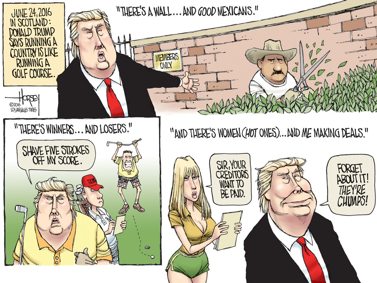 Political cartoon US Donald Trump racist Mexicans women