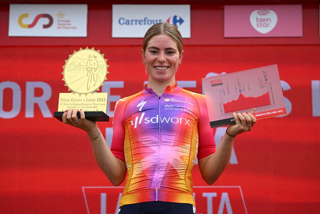 MIRADOR DE PEAS LLANAS SPAIN MAY 05 Demi Vollering of The Netherlands and Team SD Worx celebrates at podium as stage winner during the 9th La Vuelta Femenina 2023 Stage 5 a 1292km stage from La Cabrera to Mirador de Peas Llanas 1479m UCIWWT on May 05 2023 in Mirador de Peas Llanas Spain Photo by Dario BelingheriGetty Images