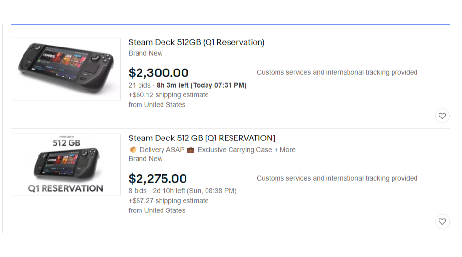 A screenshot of Steam Deck reservations on eBay for over $2,000.