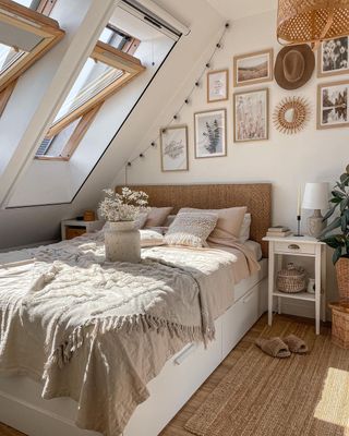 Bedroom with sloped roof and neutral bed