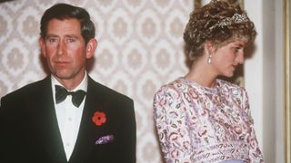 SEOUL, SOUTH KOREA - NOVEMBER 03: Prince Charles, Prince of Wales and Diana, Princess of Wales, wearing a mauve sheaf dress designed by Catherine Walker with a bolero of embroidered pastel flowers and the Spencer family tiara, attend a banquet thrown by President Roh Moo-hyun on November 3, 1992 in Seoul, South Korea.
