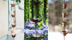Rain chain ideas are so clever. Here are three of these - a copper lily shaped rain chain with bird cut-outs, a silver umbrella rain chain with purple hydrangeas behind it, and a copper watering can rain chain