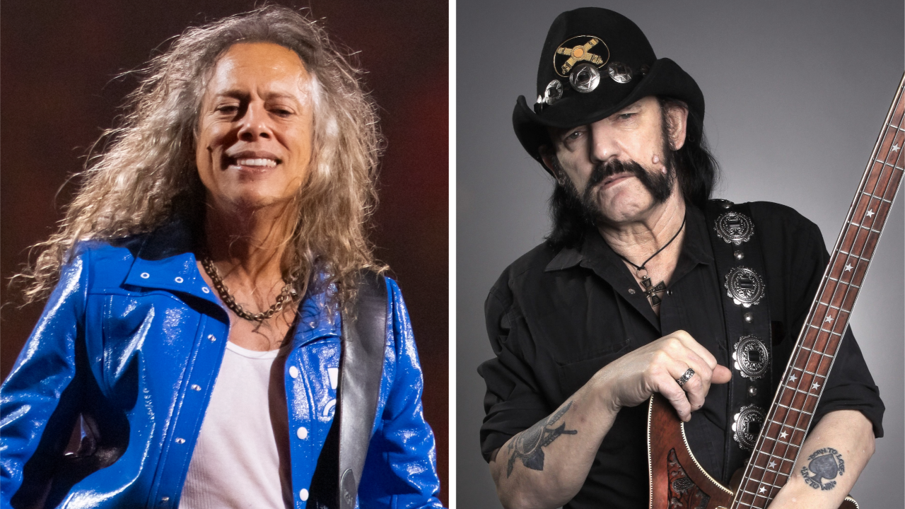 Kirk Hammett onstage in 2023, and Lemmy Kilmister holding his bass in 2010