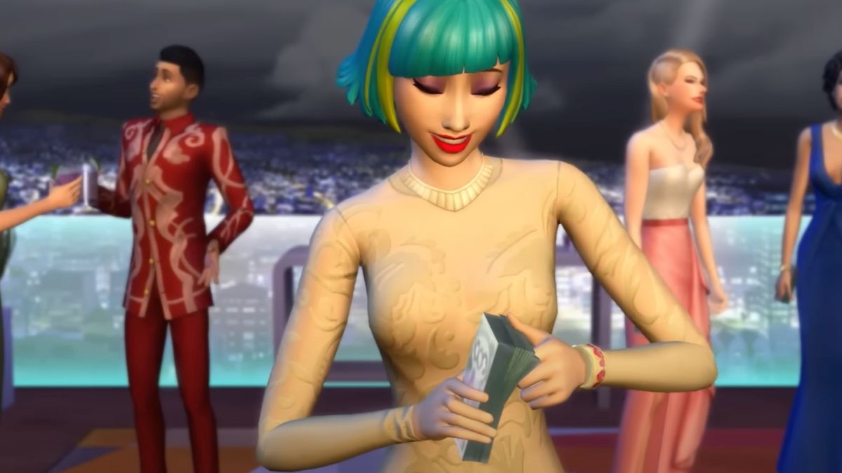 A Sim counts a wedge of money in her hand in The Sims 4