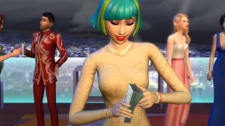 A Sim counts a wedge of money in her hand in The Sims 4