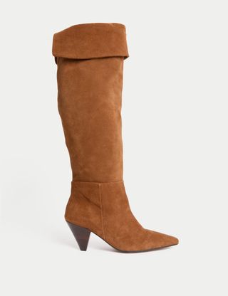 Suede Ruched Kitten Heel Knee High Boots