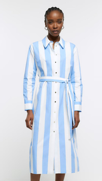 Blue Striped Tie Waist Midi Shirt Dress, £49 ($61) |River Island