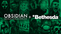 Green-tinted Xbox-style collage showing Obsidian Entertainment + Bethesda, with Pip-Boy and characters from Obsidian and Bethesda games in the background, as well as other IPs
