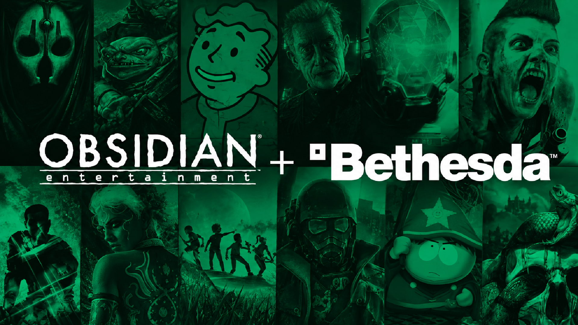 Green-tinted Xbox-style collage showing Obsidian Entertainment + Bethesda, with Pip-Boy and characters from Obsidian and Bethesda games in the background, as well as other IPs