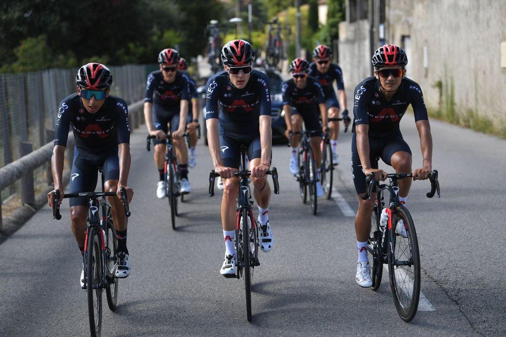 NICE FRANCE AUGUST 27 Egan Bernal of Colombia Pavel Sivakov of Rusia Richard Carapaz of Ecuador and Team INEOS Grenadiers during the Team INEOS Grenadiers Training TDF2020 LeTour on August 27 2020 in Nice France Photo by Tim de WaeleGetty Images