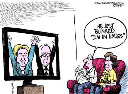 Political cartoon U.S. Hillary Clinton Bernie Sanders endorsement
