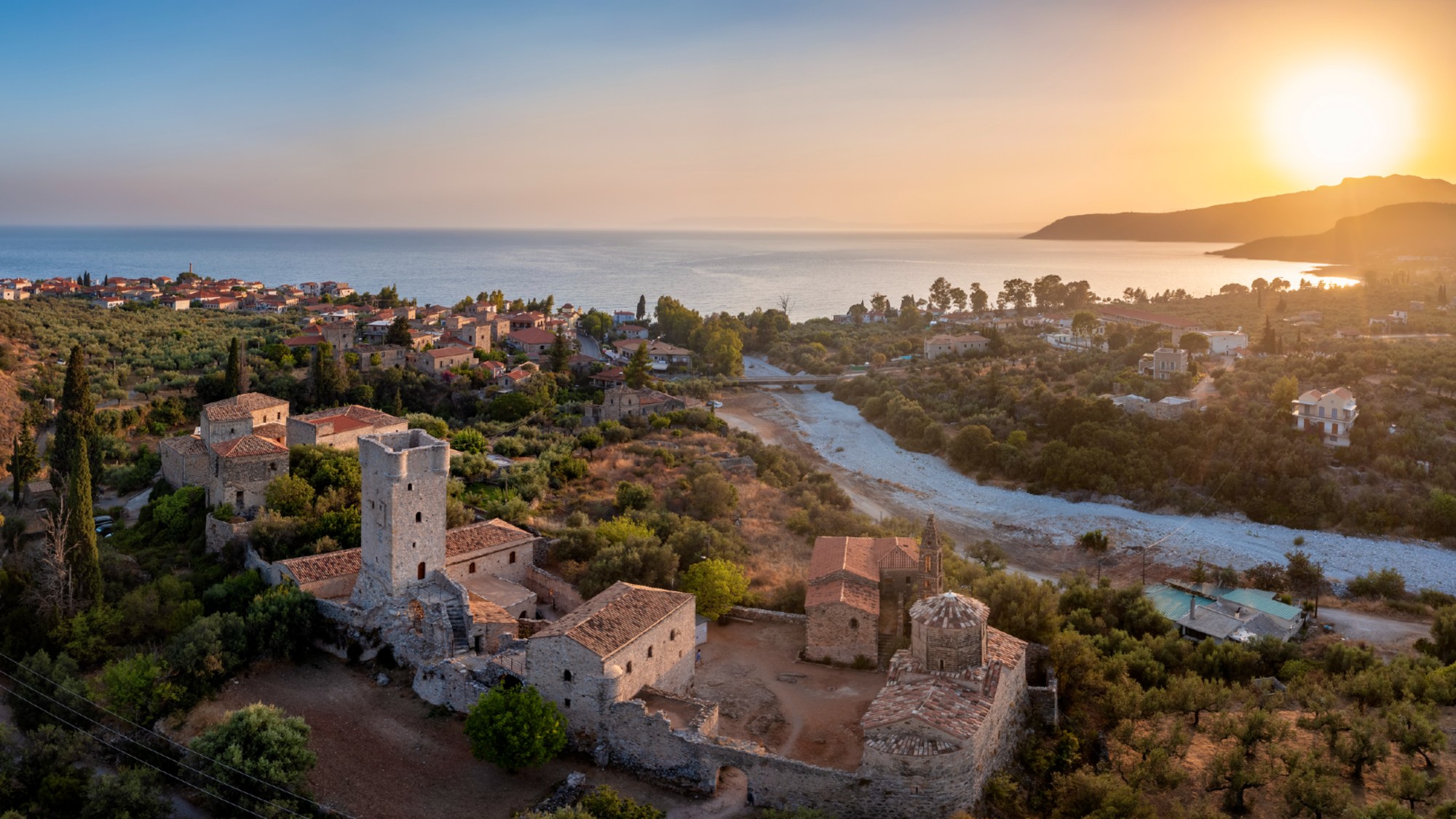 Sunset view of Old Kardamyli, Greece