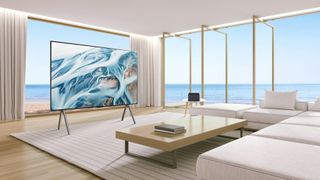 Lifestyle image showing the LG M5 OLED TV in a living room setting.