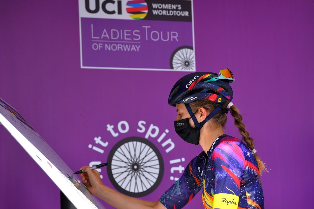 SARPSBORG NORWAY AUGUST 12 Alexis Ryan of United States and Team CanyonSRAM Racing prior to the 7th Ladies Tour Of Norway 2021 Stage 1 a 1415km stage from Halden to Sarpsborg LTourOfNorway LTON21 UCIWWT on August 12 2021 in Sarpsborg Norway Photo by Luc ClaessenGetty Images
