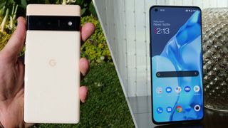 Pixel 6 Pro vs. OnePlus 9 Pro showing Pixel 6 Pro in hand and OnePlus 9 Pro in a split screen on a table