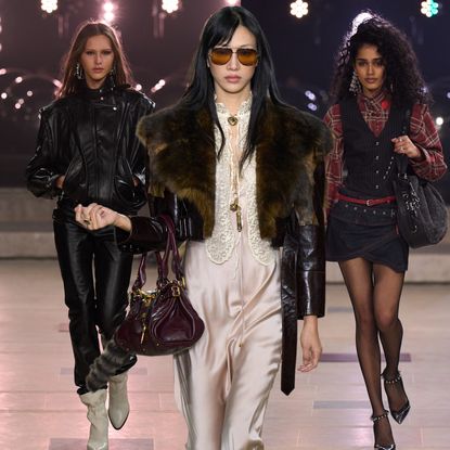 collage of indie sleaze trend on Fall 2025 runways