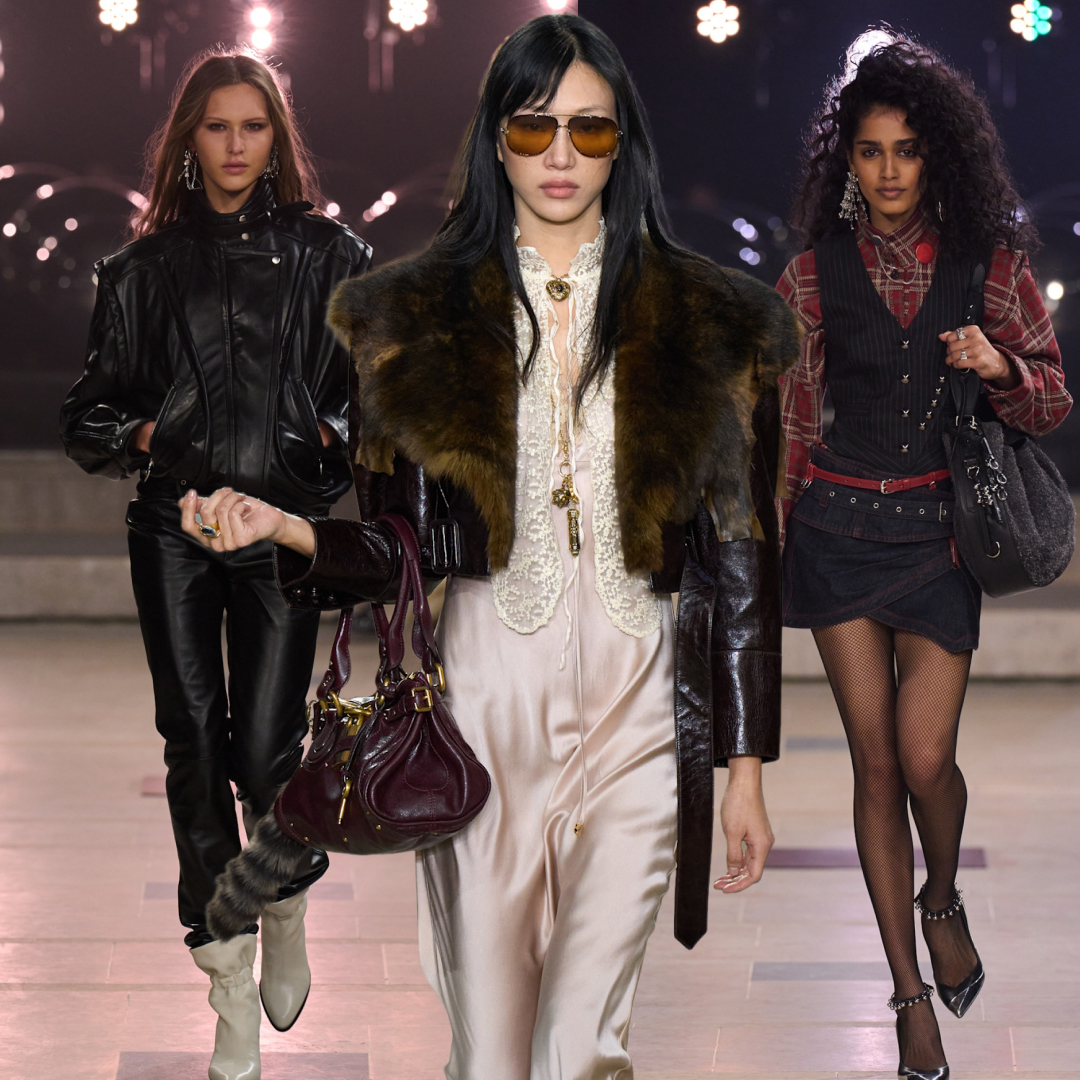 collage of indie sleaze trend on Fall 2025 runways 