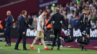 Leicester City forward James Maddison walks off the pitch after being substituted due to injury in the Premier League match between West Ham United and Leicester City on 12 November, 2022 at the London Stadium, London, United Kingdom