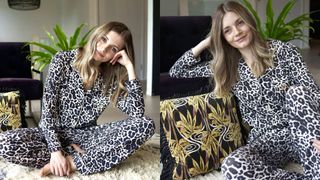 composite of model wearing black and white leopard print bamboo pajamas