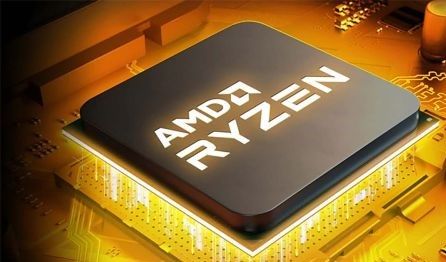 AMD RYZEN CHIP on a gold backdrop. 