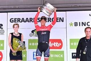 Jasper Stuyven celebrates his BinckBank Tour stage win.