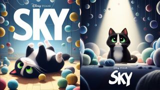 AI generated Pixar inspired pet posters of a black and white cat