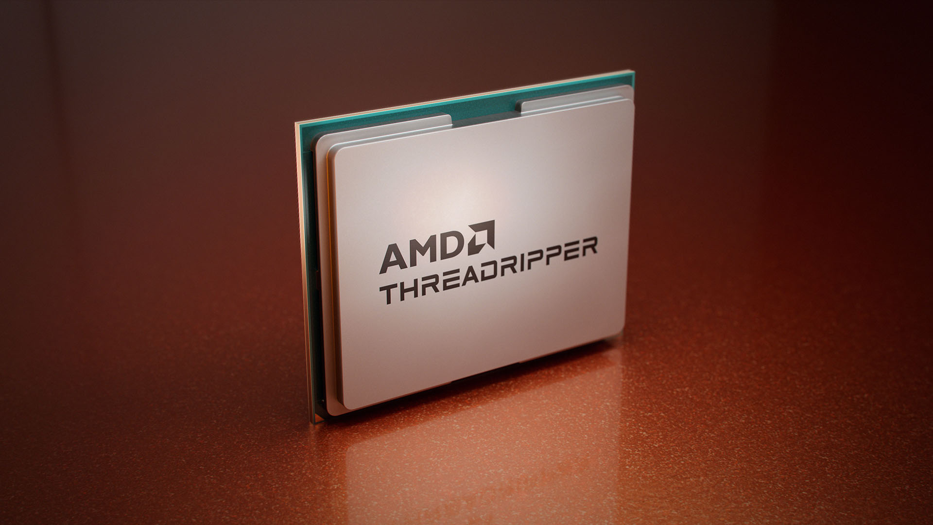 A mockup of an AMD Threadripper 9000-series chip on a reflective surface