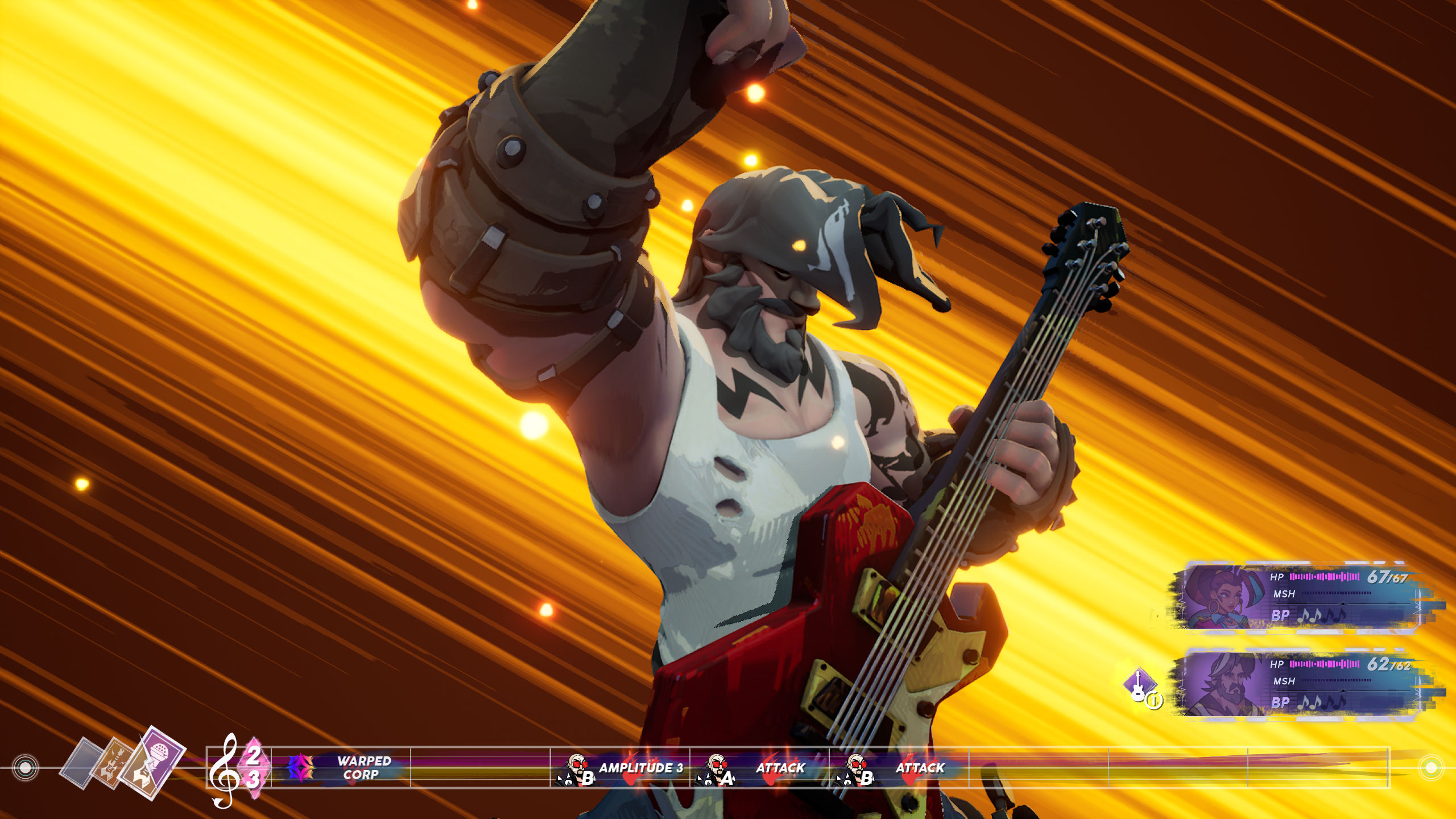 Screenshots of the musical rhythm turn-based RPG, People of Note, by Iridium Studios and Annapurna Interactive.