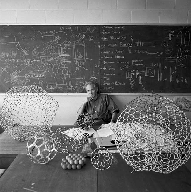 This image shows professor Sir Harold Kroto on the day after his Nobel Prize was announced - he received the 1996 Nobel Prize for Chemistry along with Robert Curl and Richard Smalley for discovering spherical fullerines, the carbon structures known as Buc