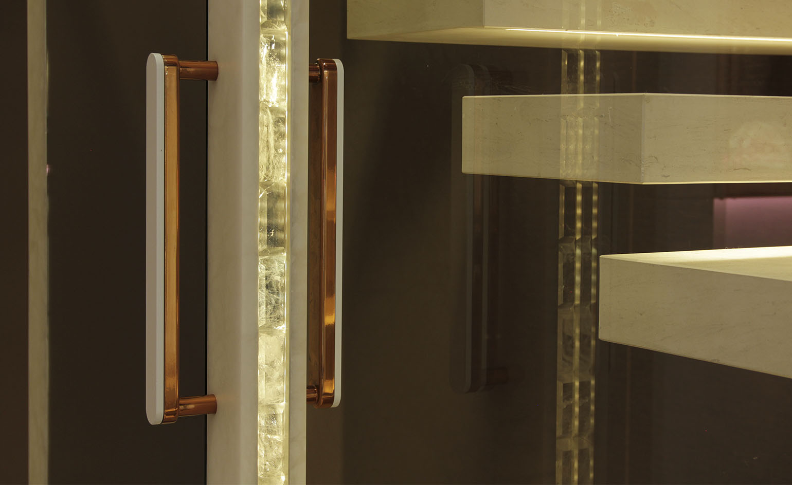 Close-up view of a floating alabaster staircase
