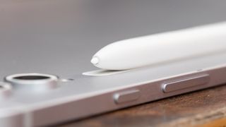 Samsung Galaxy Tab S10 Ultra close up from angle showing S Pen tip