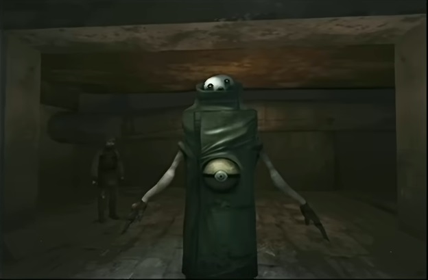 strange alien creature in robe in concrete box room in early Half-Life 2 build