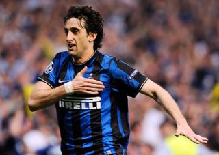 Diego Milito celebrates scoring for Inter against Bayern Munich in the 2010 Champions League final.