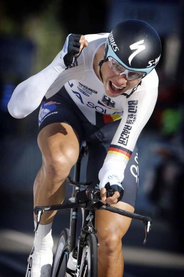 Tony Martin (Germany) as he crosses the line and defends his time trial title