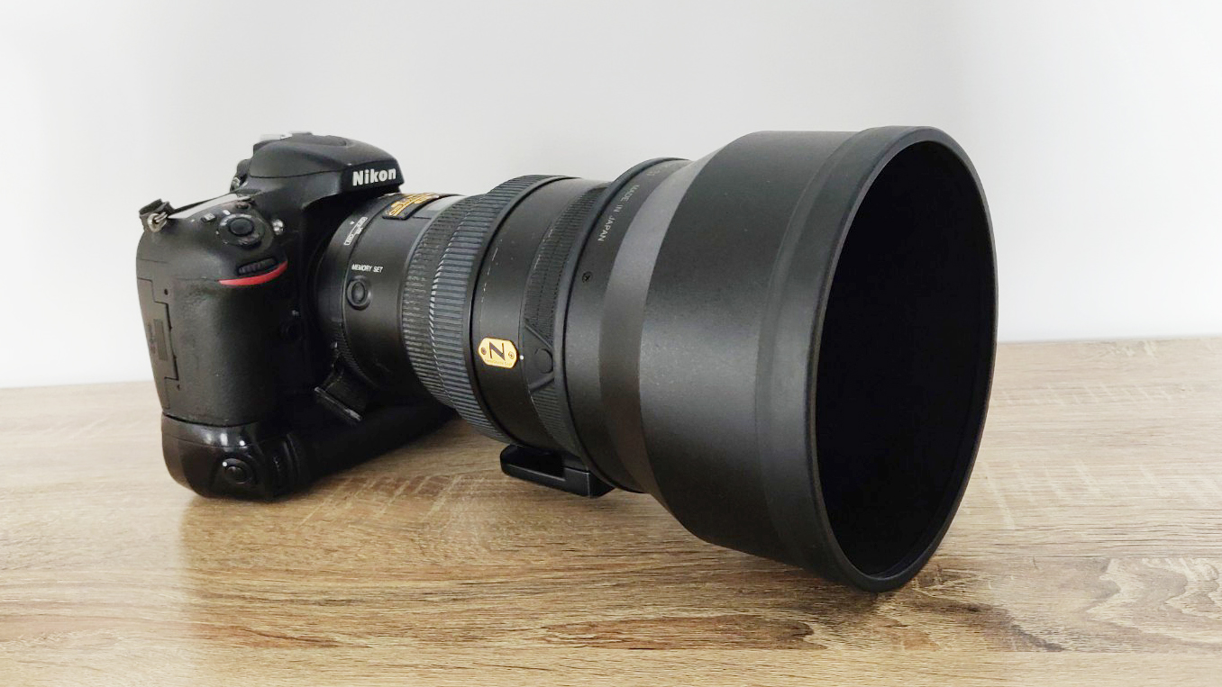 Nikon D800 with battery grip attached to Nikon 200mm f / 2