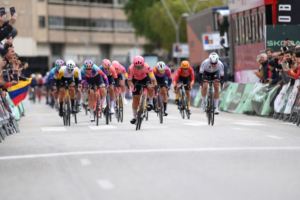 BURGOS SPAIN MAY 16 LR Ruby RosemanGannon of Australia and Team Liv AlUla Jayco Elise Chabbey of Switzerland and Team CanyonSRAM Racing Lotta Henttala of Finland and Team EF EducationCannondale Lorena Wiebes of The Netherlands and Team SD Worx Protime and Carina Schrempf of Austria and Team FenixDeceuninck sprint at finish line during the 9th Vuelta a Burgos Feminas 2024 Stage 1 a 123km stage from Villagonzalo Pedernales to Burgos UCIWWT on May 16 2024 in Burgos Spain Photo by Alex BroadwayGetty Images