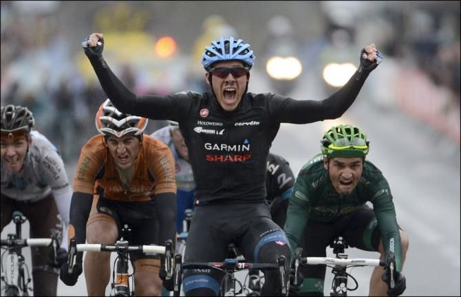 Arms aloft in delight for stage 3 winner Andrew Talansky (Garmin-Sharp).