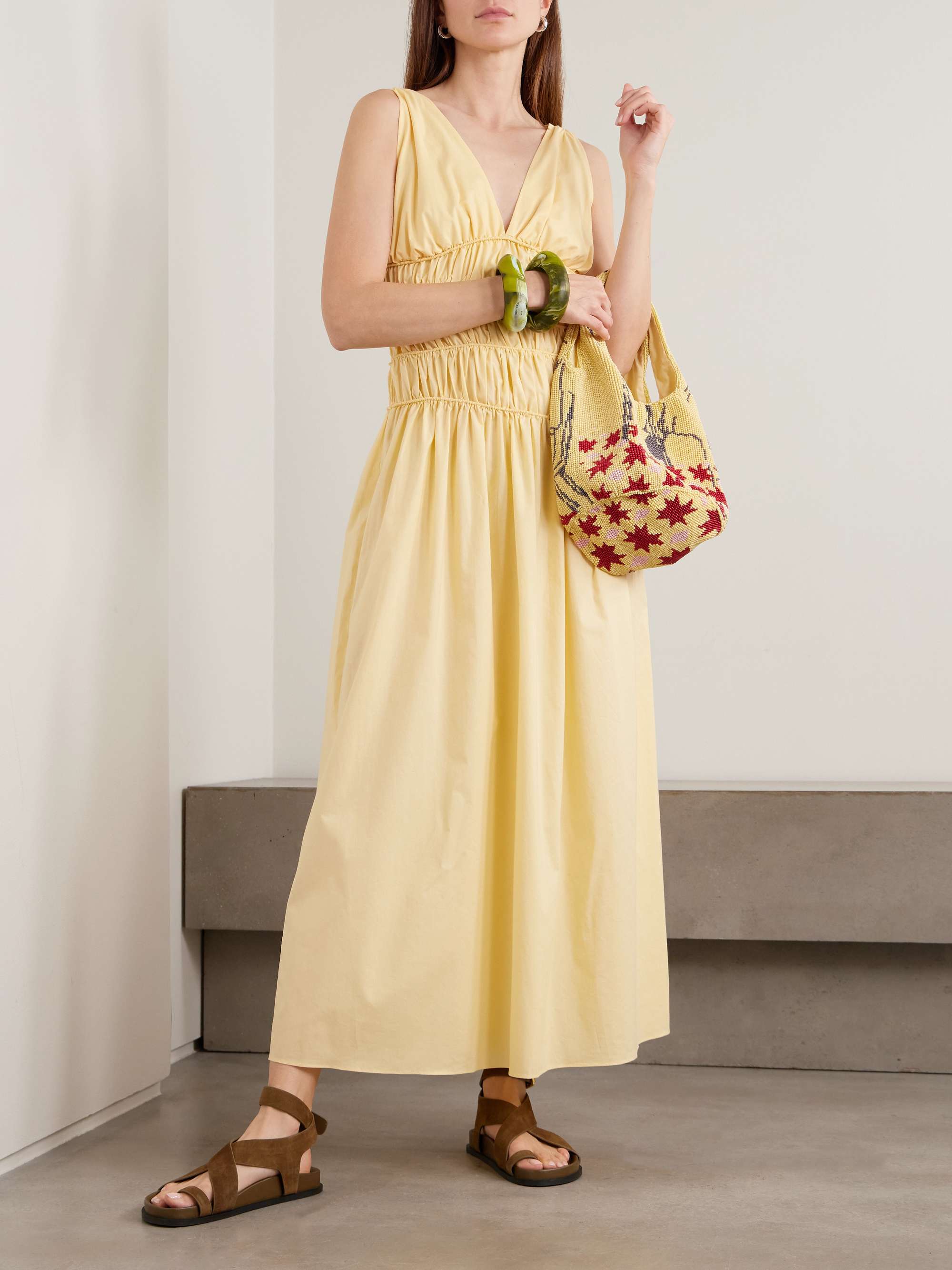Saja Tie-Detailed Ruched Cotton Maxi Dress
