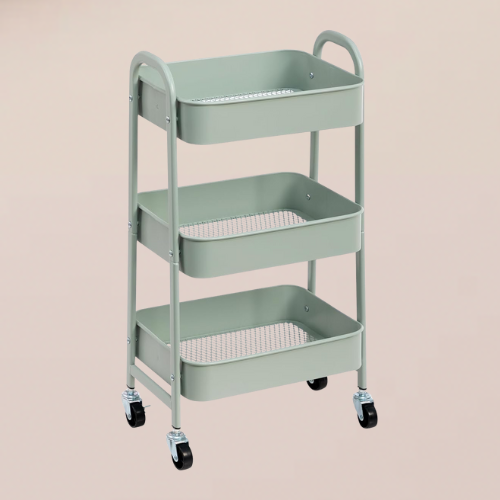 Three tiered teal rolling cart