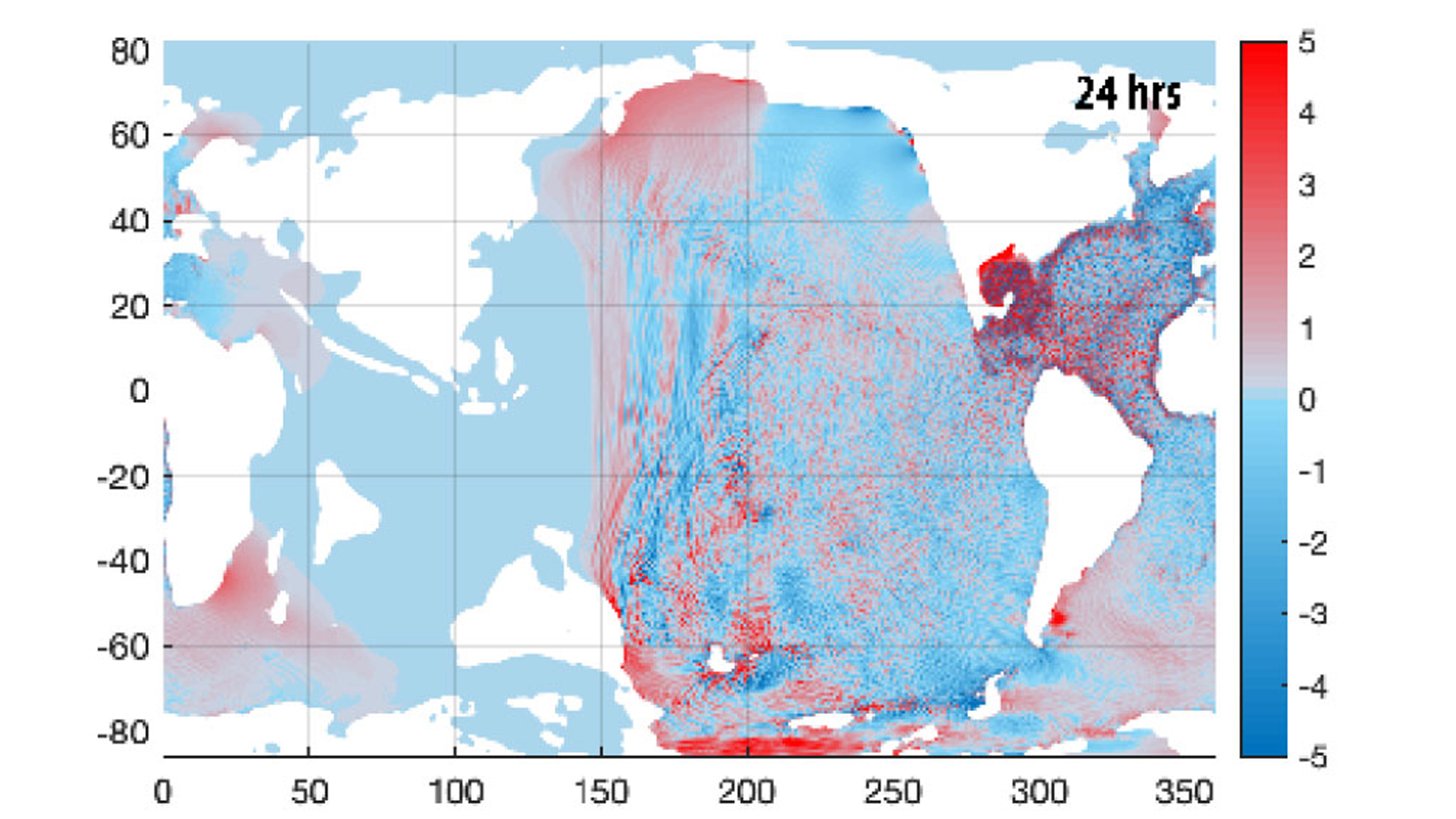 The modeled tsunami sea-surface height perturbation (in meters) 24 hours after the dinosaur-killing asteroid hit Earth.