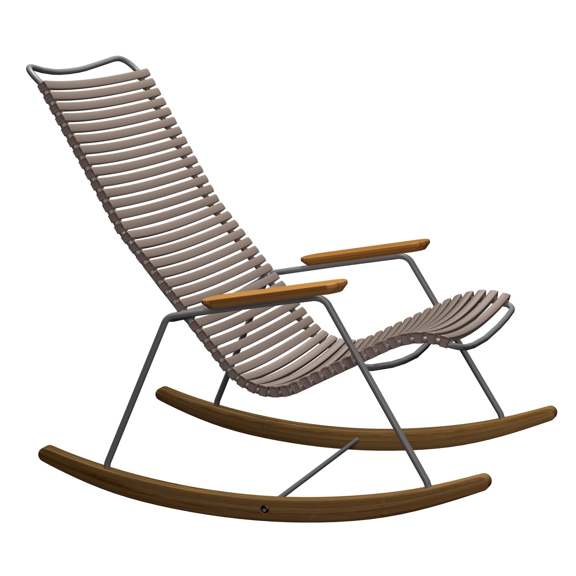 rocking chair with a slatted seat and wood and metal frame