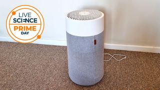 A Live Science Prime Day logo and a picture of the BlueAir Blue Pure 411i Max being tested by our reviewer
