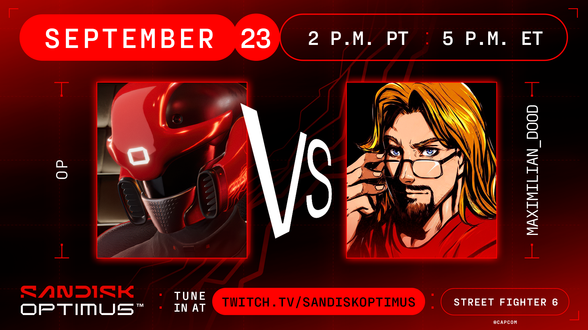 Info on OP's next matchup alongside Maximilian_DOOD starting at 5 p.m. ET / 2 p.m. PT on the SanDisk Optimus Twitch.