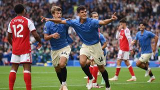 Chema Andres of Brighton & Hove Albion celebrates with teammate Luka Vuskovic after scoring his team’s third goal during the Premier League 2026/27 match between Brighton & Hove Albion and Arsenal FC