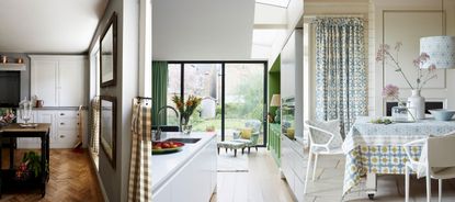 Three examples of kitchen window curtain ideas. Half window check curtains. Green curtains in modern white kitchen. Patterned blue curtains in white kitchen diner