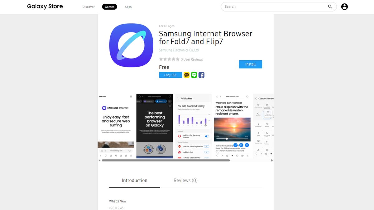 A listing for the Samsung Internet app on the Galaxy Store, featuring the names Fold 7 and Flip 7