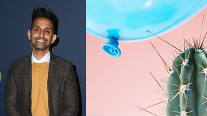Dr Amir Khan next to cactus pricking a balloon, representing the physical signs of stress