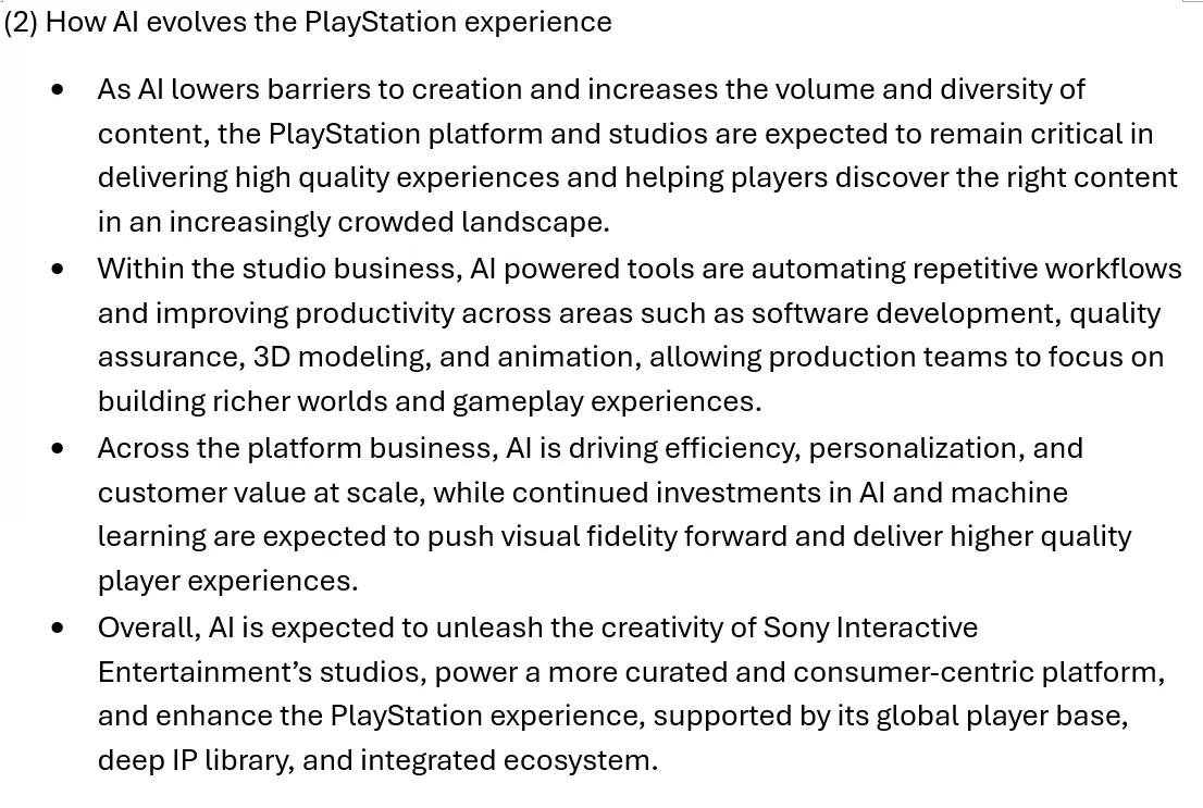 Sony strategy slide &amp;quot;How AI evolves the PlayStation experience,&amp;quot; outlining AI's role in game development, content discovery, productivity, personalization and more