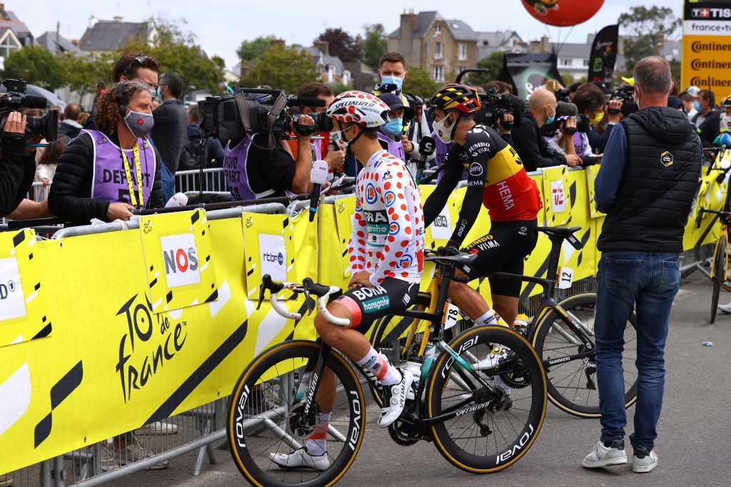 MRDEBRETAGNE GUERLDAN FRANCE JUNE 27 Ide Schelling of The Netherlands and Team BORA Hansgrohe Polka Dot Mountain Jersey at start during the 108th Tour de France 2021 Stage 2 a 1835km stage from PerrosGuirec to MrdeBretagne Guerldan 293m Press Media Interview LeTour TDF2021 on June 27 2021 in MrdeBretagne Guerldan France Photo by Tim de WaeleGetty Images