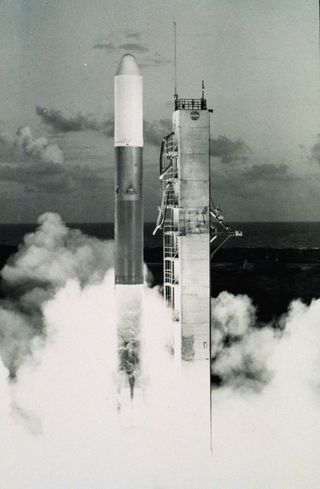 The GOES-A weather satellite launches on a Delta rocket from Cape Canaveral Air Force Station in Florida on Oct. 16, 1975.